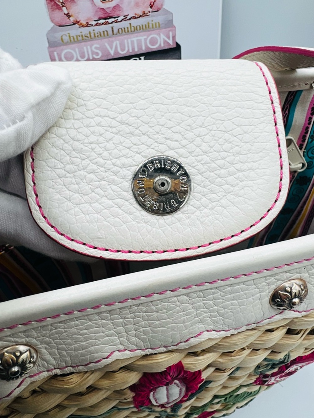 Brighton Straw Tote Floral Embroidery and White Trim - Picture 7 of 13